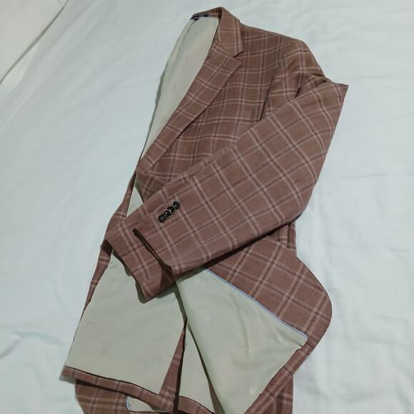 Jos.A.Bank Brrr Comfort Blazer 48L LINEN WOOL Taupe Window Pane Plaid Lined - Picture 4 of 15